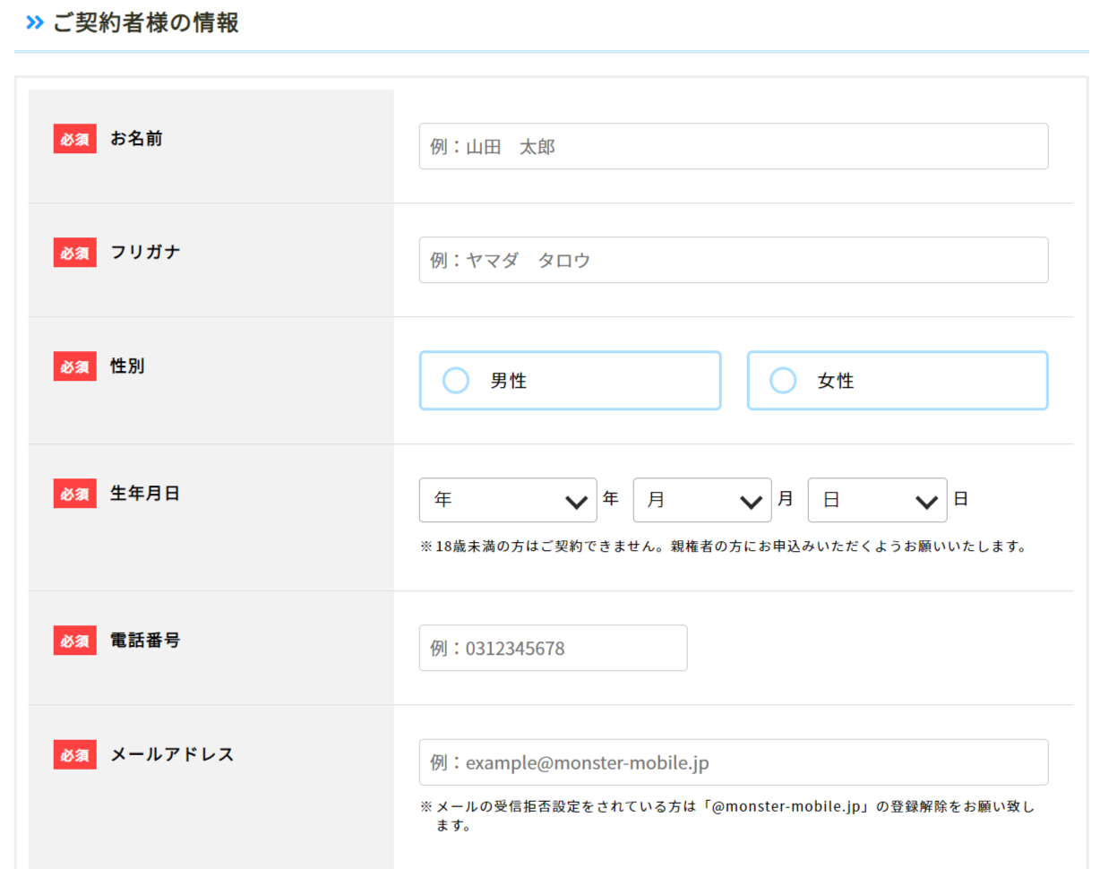 MONSTER MOBILE　申し込みフォーム２